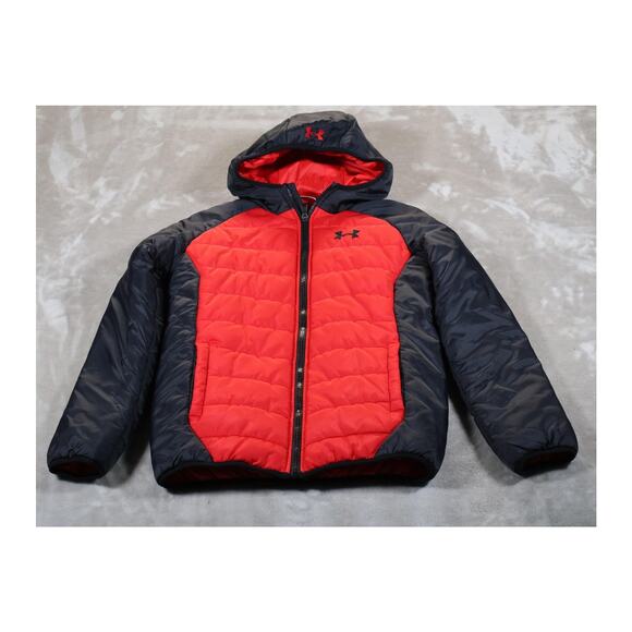 Under Armour Other - Under Armour Jacket Youth Large Red Black ColdGear Hooded Puffer Coat Boys Warm